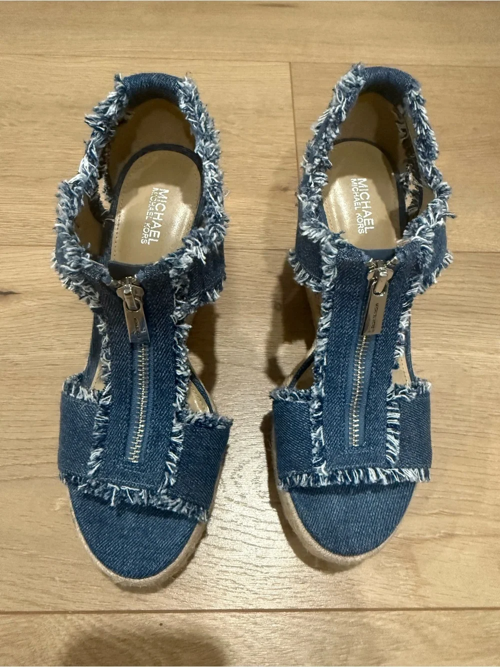 Michael Kors Frayed Denim Zip Espadrille Wedges - Blue